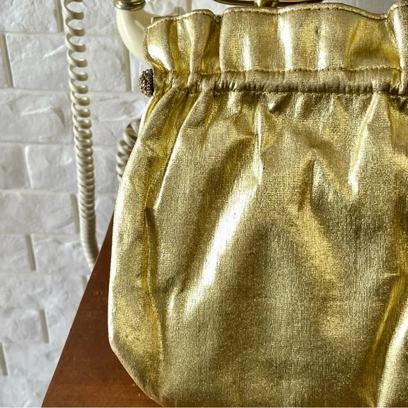 Vintage 1940s 50s Metallic Gold Fabric Slouch Bag Rhinestone Gold Tone Clasps - Picture 11 of 14